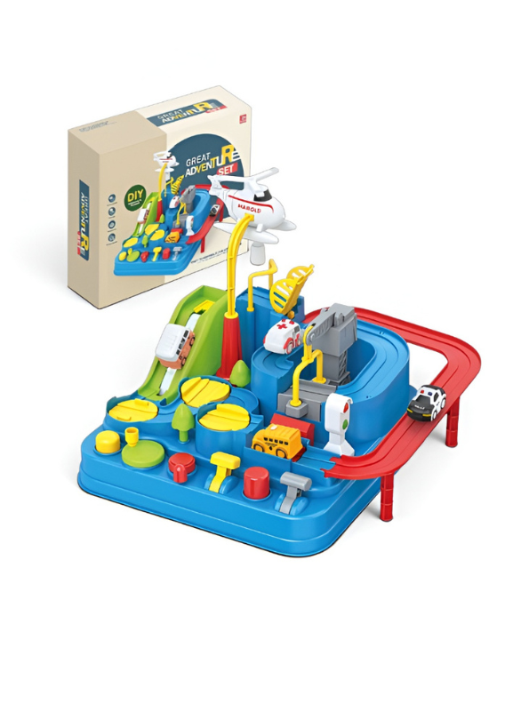 Interactive Car Adventure Track Toy Set with Magnetic Helicopter & Mini Rescue Vehicles MD405.