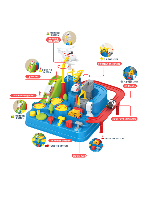 Interactive Car Adventure Track Toy Set with Magnetic Helicopter & Mini Rescue Vehicles MD405.