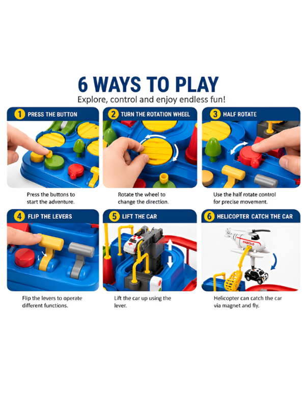 Interactive Car Adventure Track Toy Set with Magnetic Helicopter & Mini Rescue Vehicles MD405.