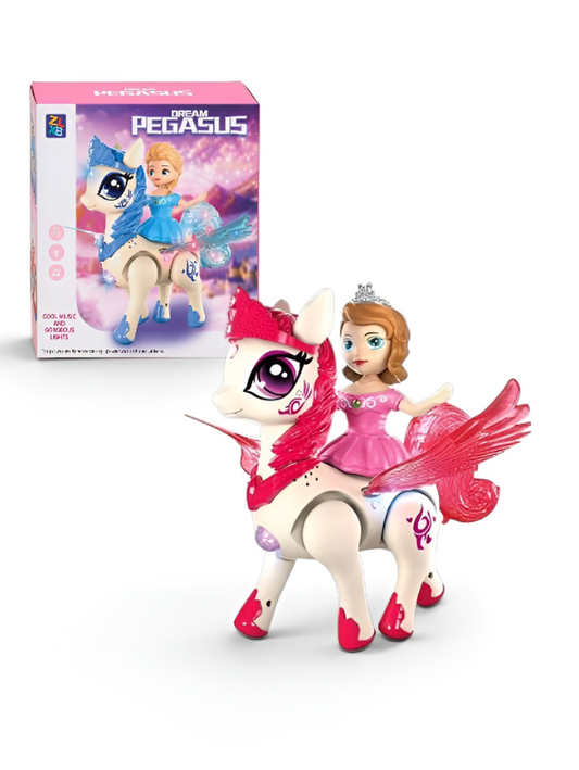 Interactive Princess & Flying Pegasus Toy Set – Walking, Sitting & Standing Electric Magical Unicorn Pony with Lights and Music for Girls TV7392