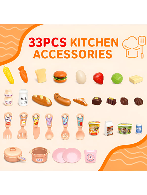 Interactive Toddler Kitchen Toy Set (33 Pcs) – Pretend Play Cooking Station with Real Water Flow, Lights, Steam Mist & Food Accessories MD701