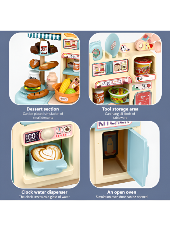 Interactive Toddler Kitchen Toy Set (33 Pcs) – Pretend Play Cooking Station with Real Water Flow, Lights, Steam Mist & Food Accessories MD701