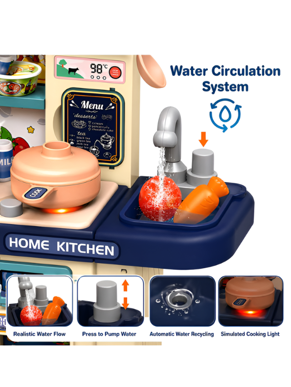 Interactive Toddler Kitchen Toy Set (33 Pcs) – Pretend Play Cooking Station with Real Water Flow, Lights, Steam Mist & Food Accessories MD701