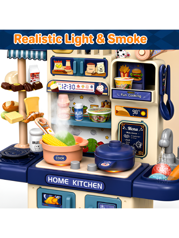 Interactive Toddler Kitchen Toy Set (33 Pcs) – Pretend Play Cooking Station with Real Water Flow, Lights, Steam Mist & Food Accessories MD701