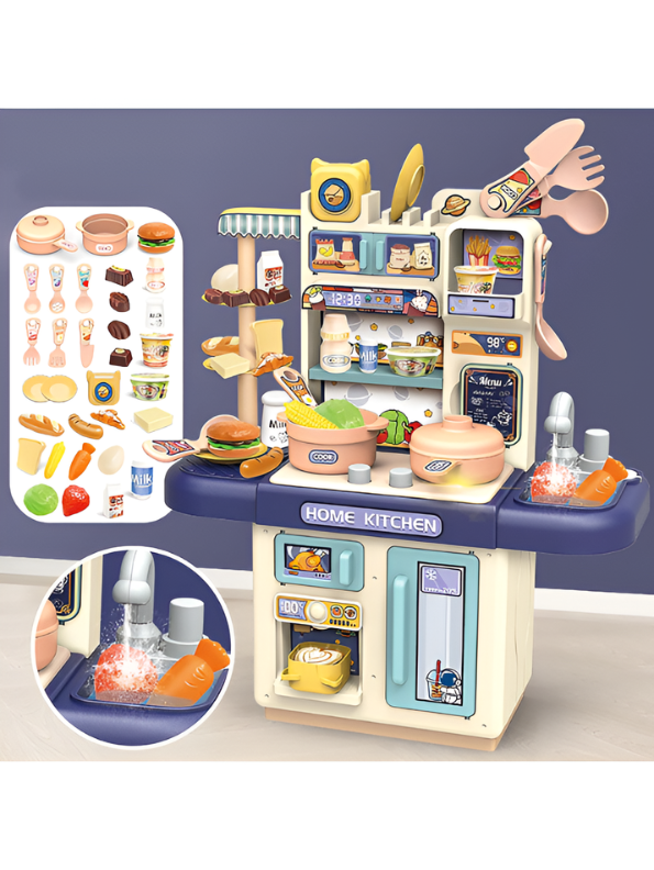 Interactive Toddler Kitchen Toy Set (33 Pcs) – Pretend Play Cooking Station with Real Water Flow, Lights, Steam Mist & Food Accessories MD701