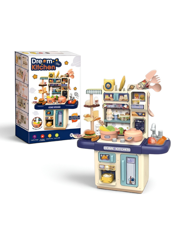 Interactive Toddler Kitchen Toy Set (33 Pcs) – Pretend Play Cooking Station with Real Water Flow, Lights, Steam Mist & Food Accessories MD701