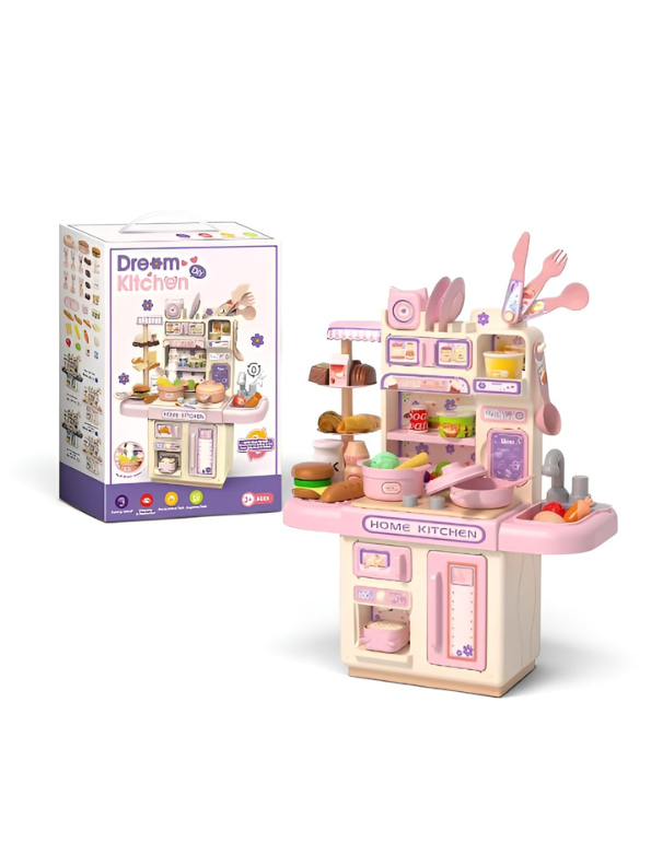 Interactive Toddler Kitchen Toy Set (33 Pcs) – Pretend Play Cooking Station with Real Water Flow, Lights, Steam Mist & Food Accessories MD701