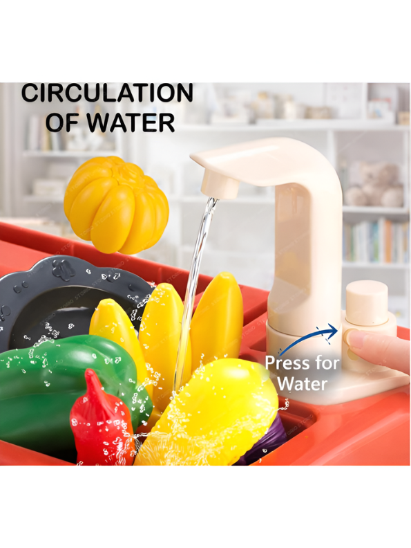 Interactive Toddler Kitchen Toy Set (33 Pcs) – Pretend Play Cooking Station with Real Water Flow, Lights, Steam Mist & Food Accessories MD701
