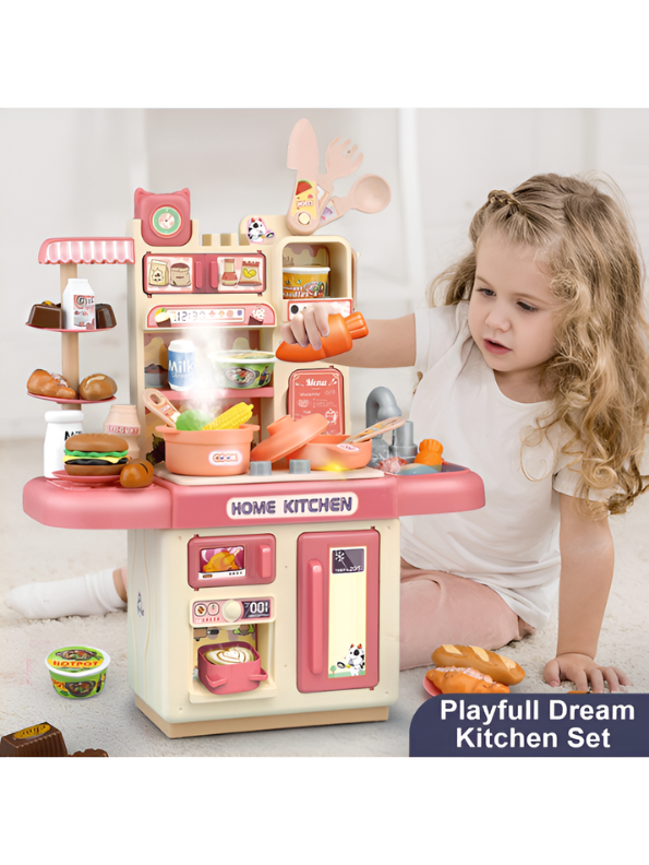 Interactive Toddler Kitchen Toy Set (33 Pcs) – Pretend Play Cooking Station with Real Water Flow, Lights, Steam Mist & Food Accessories MD701