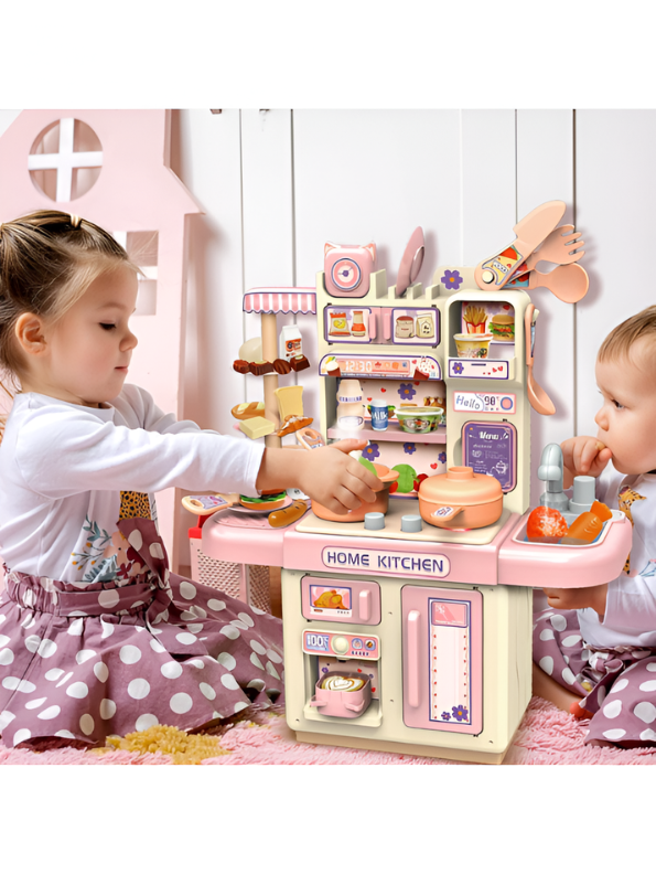 Interactive Toddler Kitchen Toy Set (33 Pcs) – Pretend Play Cooking Station with Real Water Flow, Lights, Steam Mist & Food Accessories MD701