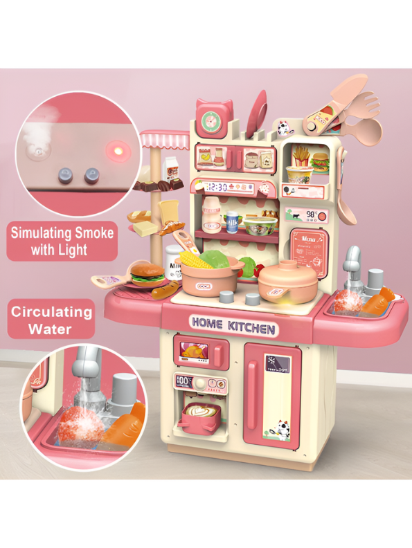Interactive Toddler Kitchen Toy Set (33 Pcs) – Pretend Play Cooking Station with Real Water Flow, Lights, Steam Mist & Food Accessories MD701