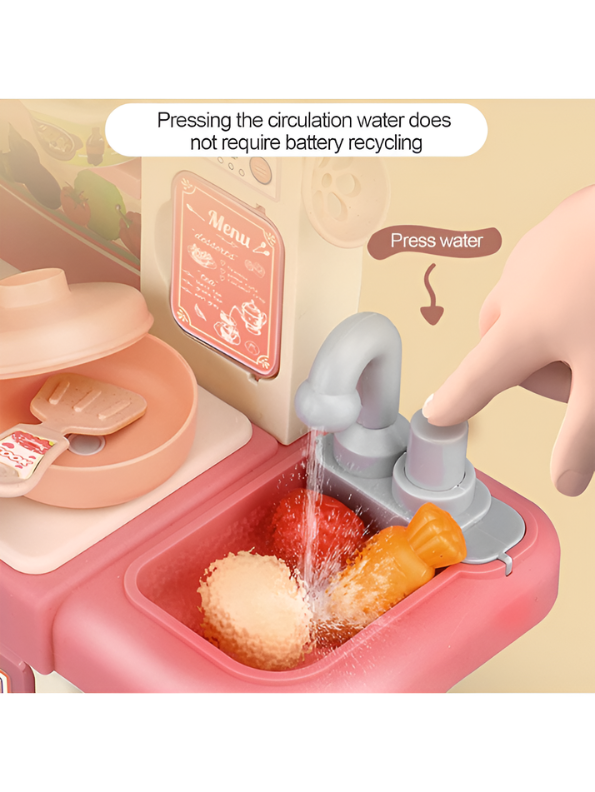 Interactive Toddler Kitchen Toy Set (33 Pcs) – Pretend Play Cooking Station with Real Water Flow, Lights, Steam Mist & Food Accessories MD701