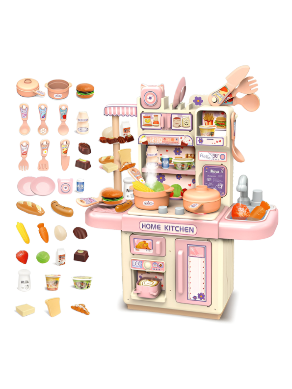 Interactive Toddler Kitchen Toy Set (33 Pcs) – Pretend Play Cooking Station with Real Water Flow, Lights, Steam Mist & Food Accessories MD701