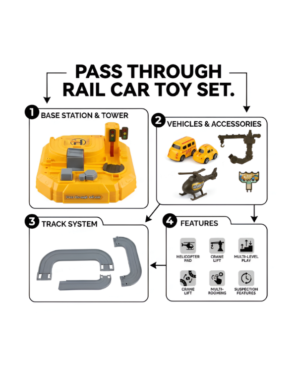 Interactive Rail Car Adventure Toy Set - 2-in-1 Rescue Track Playset with Crane, Helicopter & Mini Cars MD217.