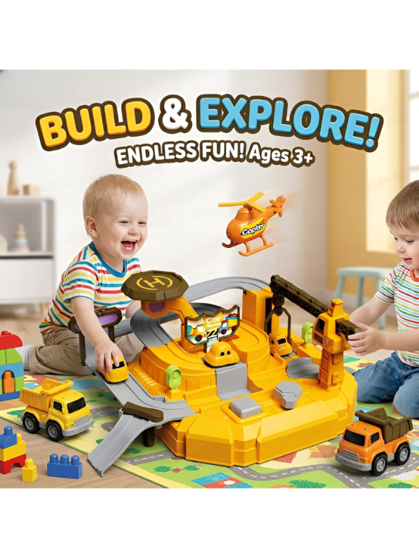 Interactive Rail Car Adventure Toy Set - 2-in-1 Rescue Track Playset with Crane, Helicopter & Mini Cars MD217.