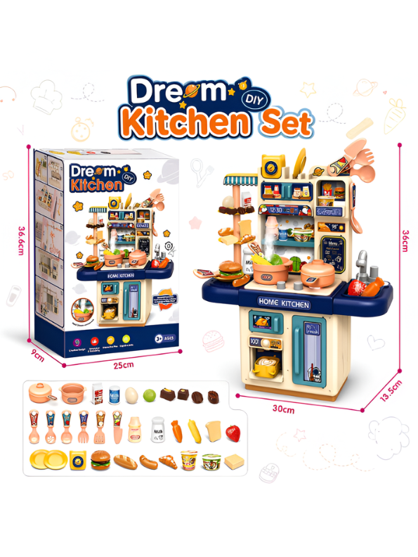 Interactive Toddler Kitchen Toy Set (33 Pcs) – Pretend Play Cooking Station with Real Water Flow, Lights, Steam Mist & Food Accessories MD701