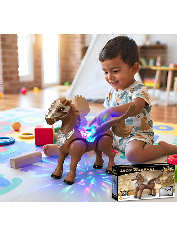 Iron Warrior Battery Operated Walking Pegasus Toy – Electric Mythical Winged Horse Action Figure with Lights, Sound & Armor, Brown (Ages 3+) TV2914