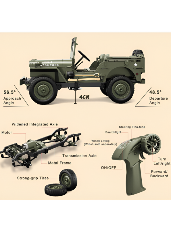JJRC C8815 RC Military Jeep, Off-Road Crawler with LED Lights & Rechargeable Battery MD540.