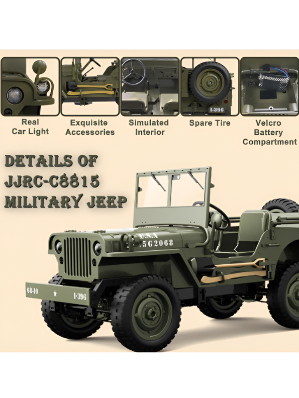 JJRC C8815 RC Military Jeep, Off-Road Crawler with LED Lights & Rechargeable Battery MD540.