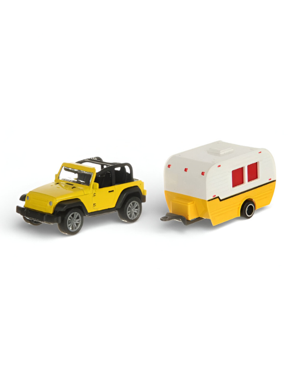 Jeep Wrangler Toy with Vintage Camper Trailer – Retro Caravan Miniature Road Trip Adventure Playset.