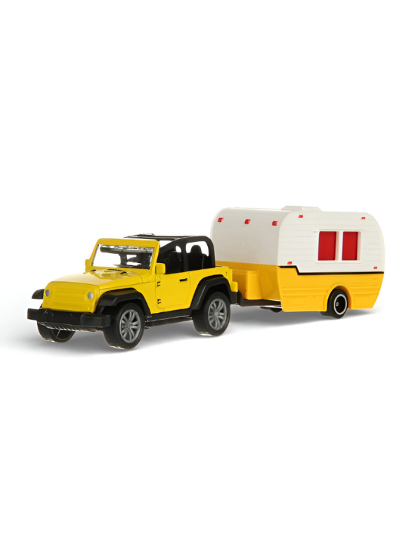 Jeep Wrangler Toy with Vintage Camper Trailer – Retro Caravan Miniature Road Trip Adventure Playset.