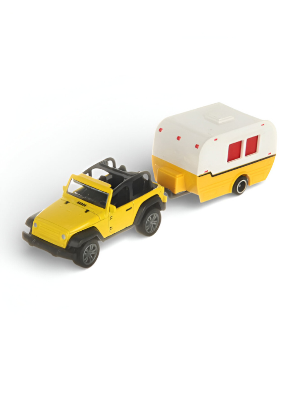 Jeep Wrangler Toy with Vintage Camper Trailer – Retro Caravan Miniature Road Trip Adventure Playset.