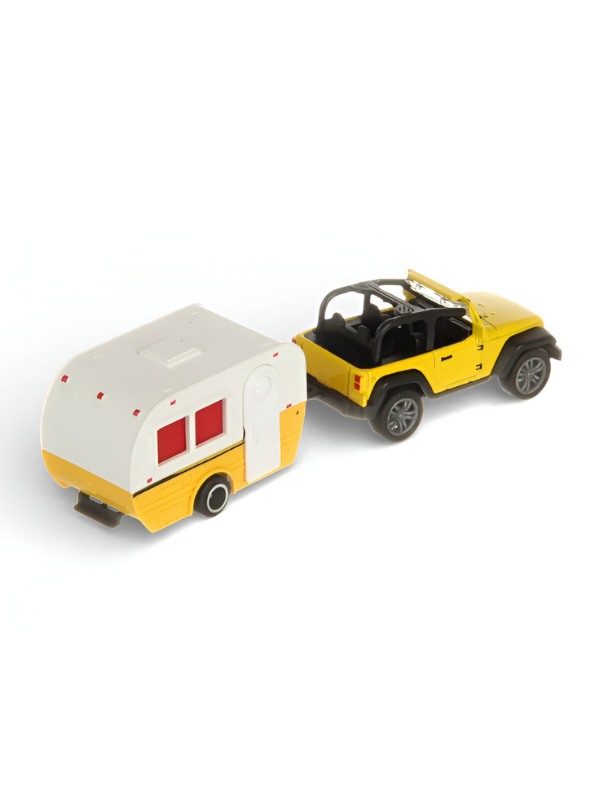 Jeep Wrangler Toy with Vintage Camper Trailer – Retro Caravan Miniature Road Trip Adventure Playset.