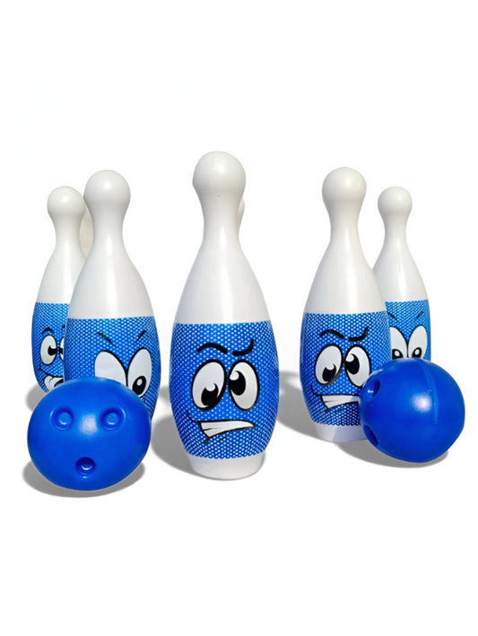Jumbo Kids Bowling Set – 6 Large Pins with Emoji Faces & 2 Balls, Indoor & Outdoor Toddler Sports Toy Blue LMI7906.