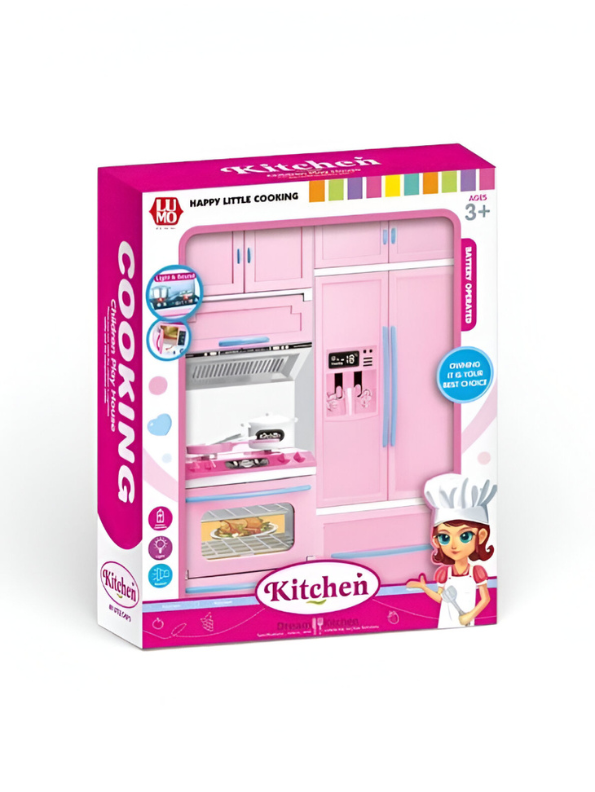 Happy Little Cooking Kitchen Playset for Kids – Pink Modern Toy Kitchen with Realistic Lights & Sound, Microwave, Refrigerator, and Accessories – Battery Operated Gift for Ages 3+ LMI15388