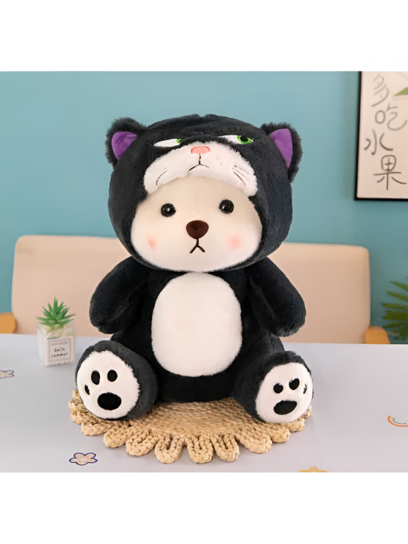 Kawaii Black Cat Bear Plush – 15Inch Cute Stuffed Animal with Removable Kitty Hoodie.