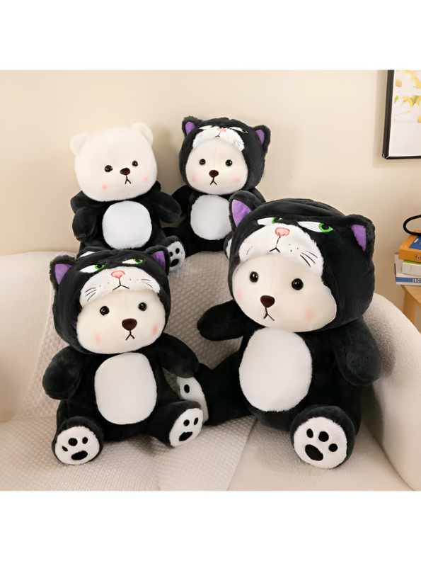 Kawaii Black Cat Bear Plush – 15Inch Cute Stuffed Animal with Removable Kitty Hoodie.