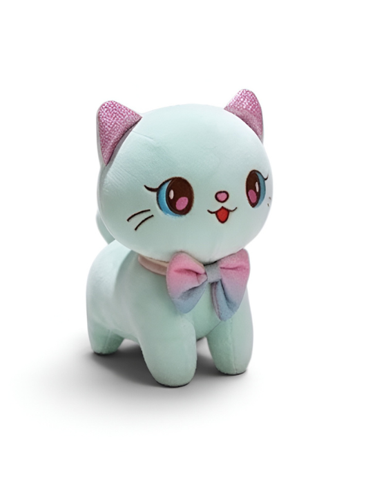 Kawaii Blue Kitty Soft Plush Toy 8 Inch – Ultra-Soft Stuffed Cat Doll with Rainbow Bow Tie for Kids & Girls ST11596