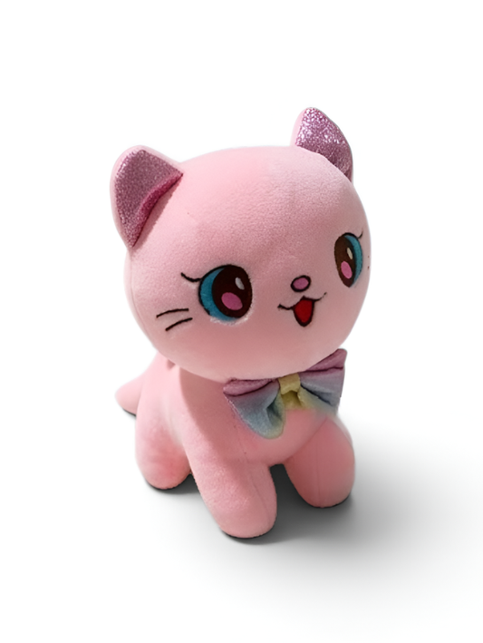Kawaii Pink Kitty Soft Plush Toy 8 Inch – Ultra-Soft Stuffed Cat Doll with Rainbow Bow Tie for Kids & Girls ST11596