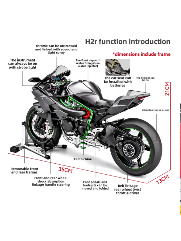 Kawasaki Ninja H2R 1/6 Scale Diecast Bike Model – Metal Collectible Motorcycle Replica with Moveable Parts & Stand - Black TV5903.