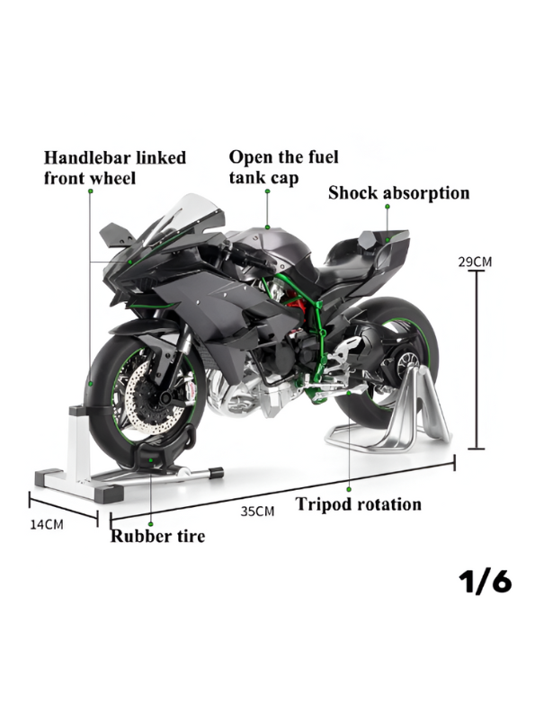 Kawasaki Ninja H2R 1/6 Scale Diecast Bike Model – Metal Collectible Motorcycle Replica with Moveable Parts & Stand - Black TV5903.