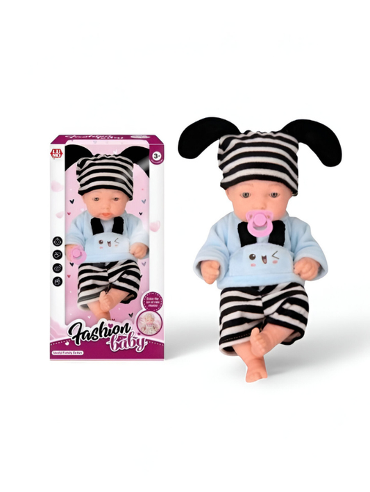 Kiddora – Baby Doll with Striped Outfit & Pacifier | Soft Realistic Toy for Kids LMI15609.