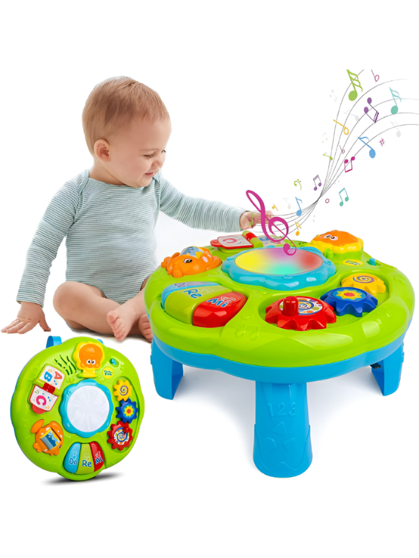 2-in-1 Musical Learning Table for Toddlers - Educational Baby Activity Center with Lights, Piano, Drums, and Hanging Crib Straps for Infants Aged 6+ Months Kids TV4207