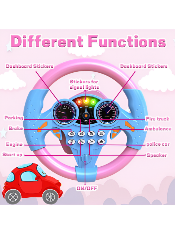 Kids Interactive Driving Steering Wheel Toy with 360° Rotation, Sound Effects & Suction Cups Pink MD514