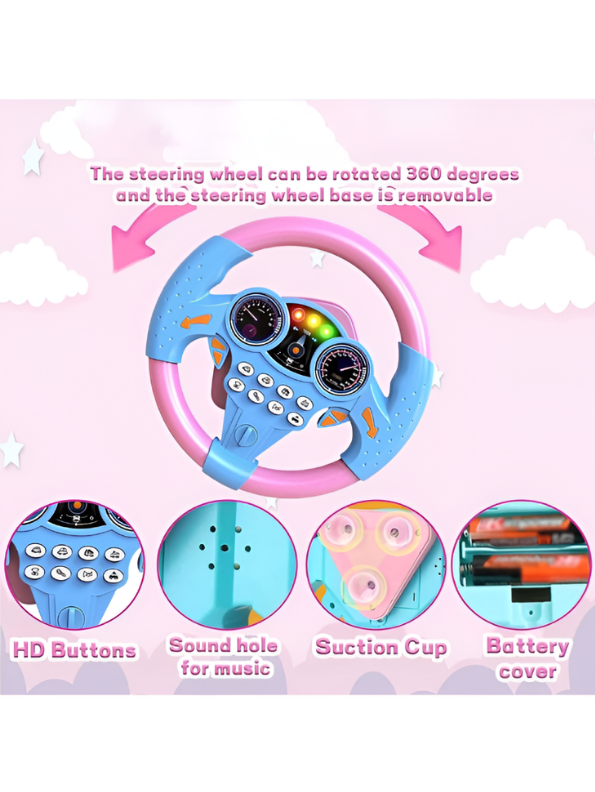 Kids Interactive Driving Steering Wheel Toy with 360° Rotation, Sound Effects & Suction Cups Pink MD514