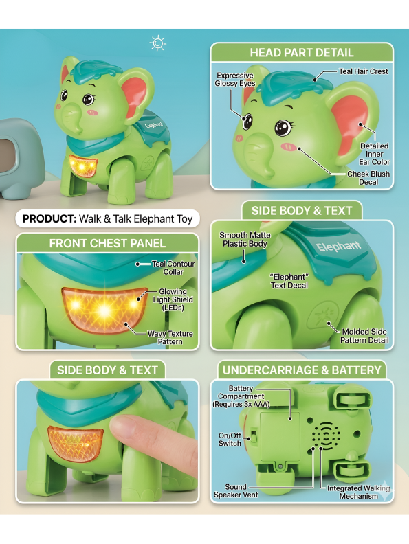 Kids Interactive Walking Elephant Toy –  Green Musical Electronic Moving Animal with LED Lights & Sound Effects, Age 3+ LMI10499