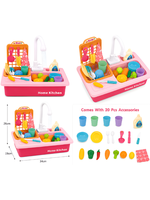 Kids Kitchen Sink Toy with Running Water – 20 Pcs Play Kitchen Accessories Set TV4609