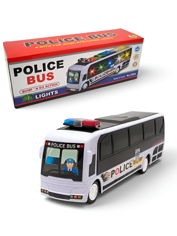 Kids Police Bus Toy with Dynamic 3D Lights and Sound Effects – Battery Powered Friction Powered Style Bump & Go Toy Vehicle for Children Aged 3+ TV1060