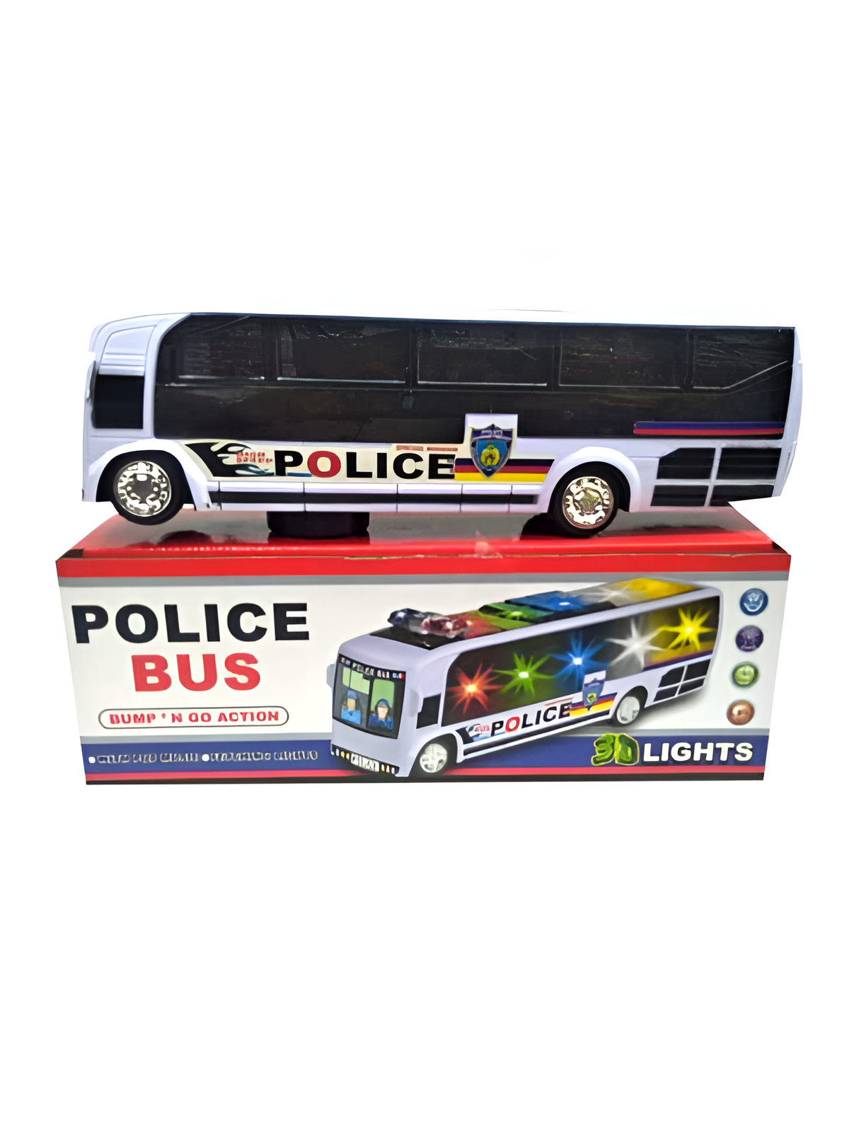 Kids Police Bus Toy with Dynamic 3D Lights and Sound Effects – Battery Powered Friction Powered Style Bump & Go Toy Vehicle for Children Aged 3+ TV1060