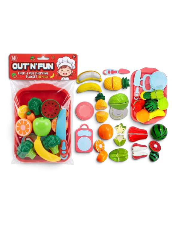 Kids Pretend Play Fruit & Veg Chopping Toy Set – Sliceable Kitchen Playset with Cutting Board & Knife LMI15139