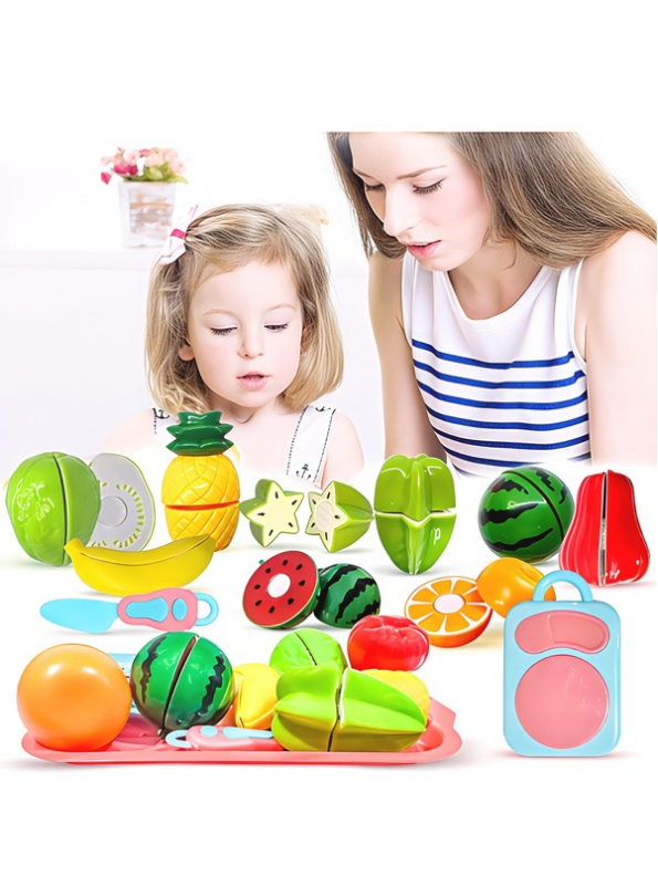 Kids Pretend Play Fruit & Veg Chopping Toy Set – Sliceable Kitchen Playset with Cutting Board & Knife LMI15139