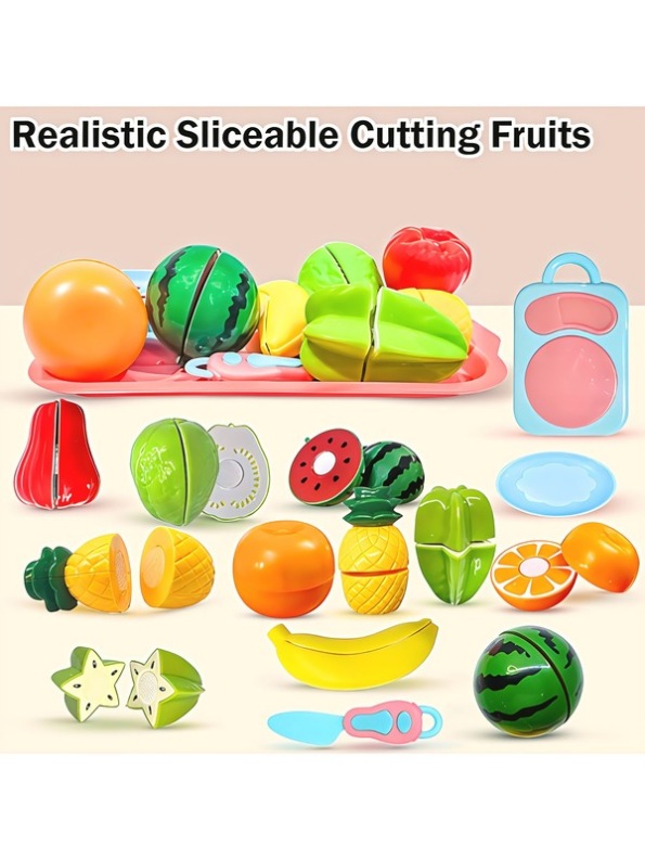 Kids Pretend Play Fruit & Veg Chopping Toy Set – Sliceable Kitchen Playset with Cutting Board & Knife LMI15139