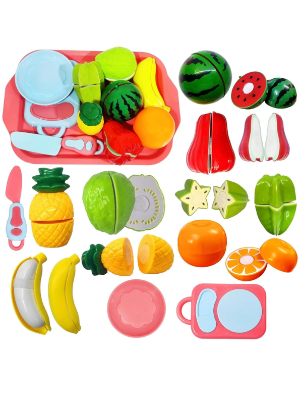 Kids Pretend Play Fruit & Veg Chopping Toy Set – Sliceable Kitchen Playset with Cutting Board & Knife LMI15139