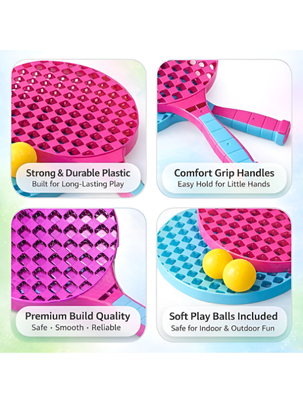 Kids Plastic Tennis & Beach Paddle Racket Set with 2 Balls – Lightweight Indoor & Outdoor Yard Lawn Game for Boys & Girls (Ages 3+) LMI16951