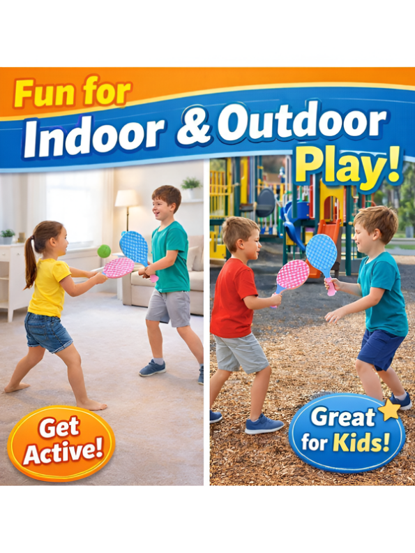 Kids Plastic Tennis & Beach Paddle Racket Set with 2 Balls – Lightweight Indoor & Outdoor Yard Lawn Game for Boys & Girls (Ages 3+) LMI16951