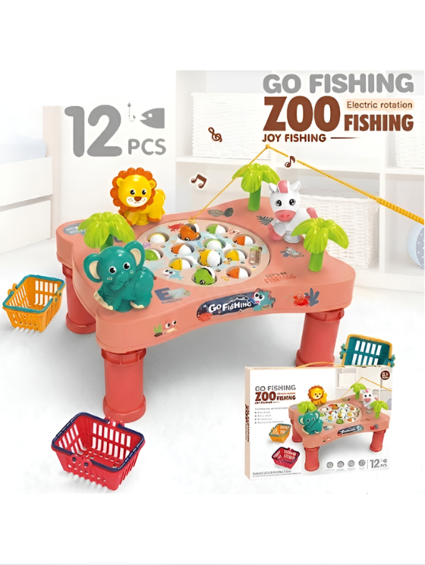Kids' Zoo Fishing Table Toy – Pink 12-Piece Interactive Educational Game for Children – Improves Hand-Eye Coordination TV1765